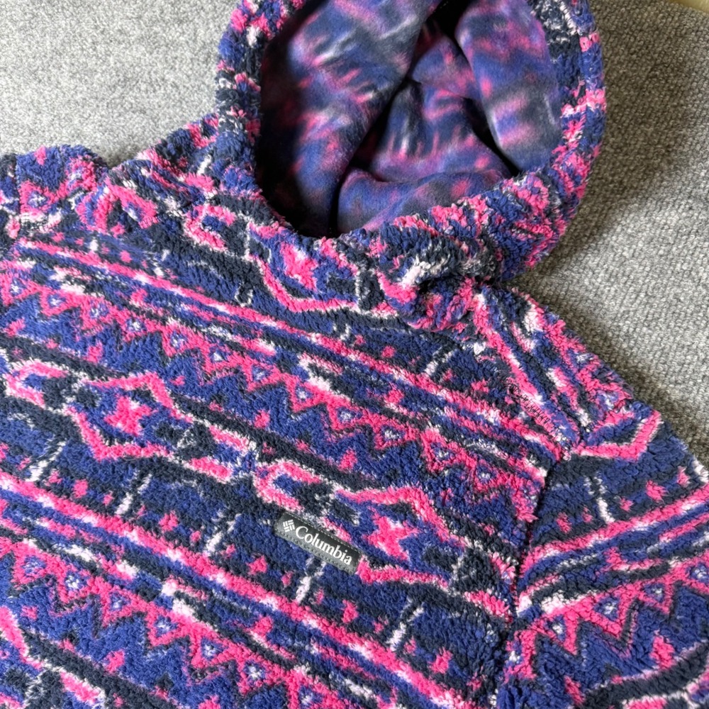 Columbia Fleece Hoodie Pullover Pink Blue Geometric Pattern Women's